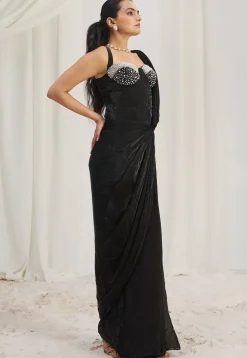 Pre Stitched Organza Saree in Black