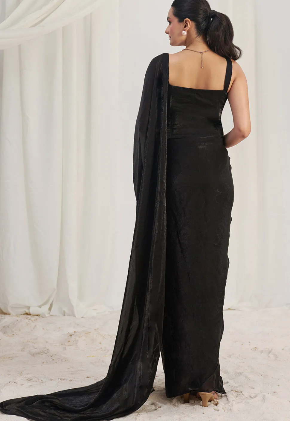 Pre Stitched Organza Saree in Black