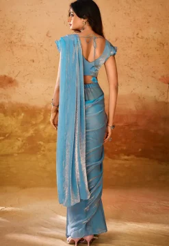 Pre Stitched Organza Saree in Blue
