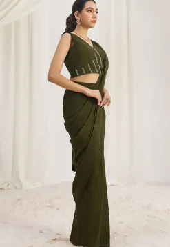 Pre Stitched Organza Saree in Olive Green