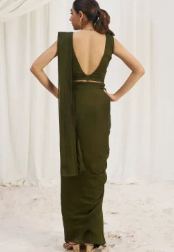 Pre Stitched Organza Saree in Olive Green
