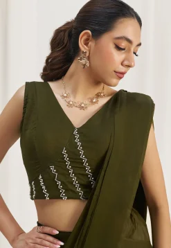 Pre Stitched Organza Saree in Olive Green