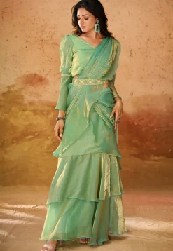 Pre Stitched Organza Saree in Green