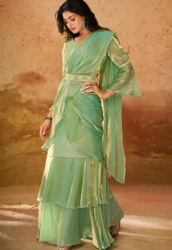 Pre Stitched Organza Saree in Green