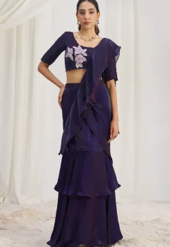 Pre Stitched Organza Saree in Purple