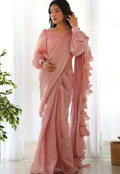 Pre Stitched Organza Saree in Peach