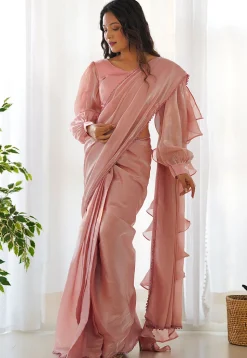 Pre Stitched Organza Saree in Peach
