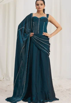 Pre Stitched Organza Saree in Teal Blue