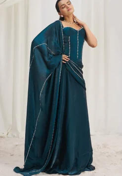 Pre Stitched Organza Saree in Teal Blue