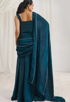 Pre Stitched Organza Saree in Teal Blue