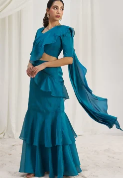 Pre Stitched Organza Saree in Blue
