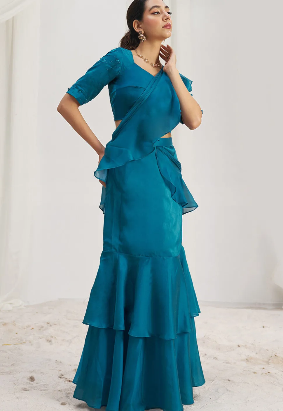 Pre Stitched Organza Saree in Blue