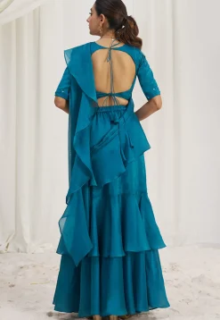 Pre Stitched Organza Saree in Blue