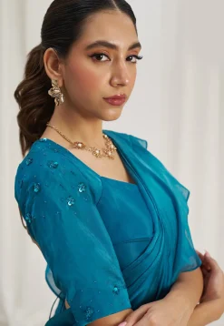 Pre Stitched Organza Saree in Blue