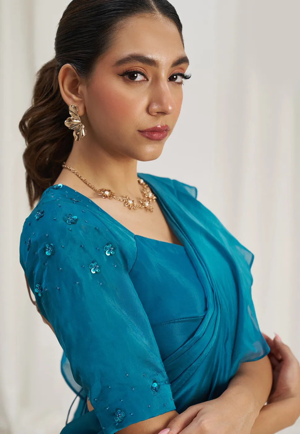 Pre Stitched Organza Saree in Blue