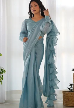 Pre Stitched Organza Saree in Sky Blue