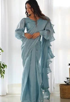Pre Stitched Organza Saree in Sky Blue