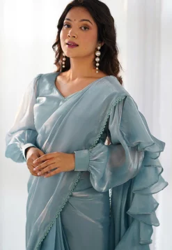 Pre Stitched Organza Saree in Sky Blue