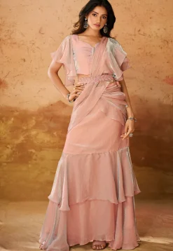 Pre Stitched Organza Saree in Peach