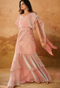 Pre Stitched Organza Saree in Peach