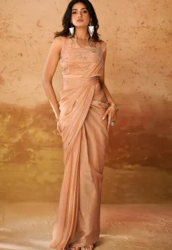Pre Stitched Organza Saree in Beige