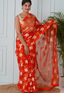Pre Stitched Organza Saree in Orange