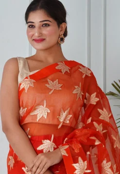 Pre Stitched Organza Saree in Orange