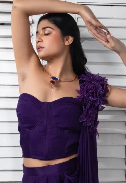 Pre Stitched Pure Chinon Chiffon Saree in Dark Purple