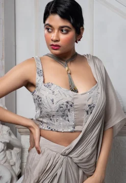 Pre Stitched Pure Chinon Chiffon Saree in Grey