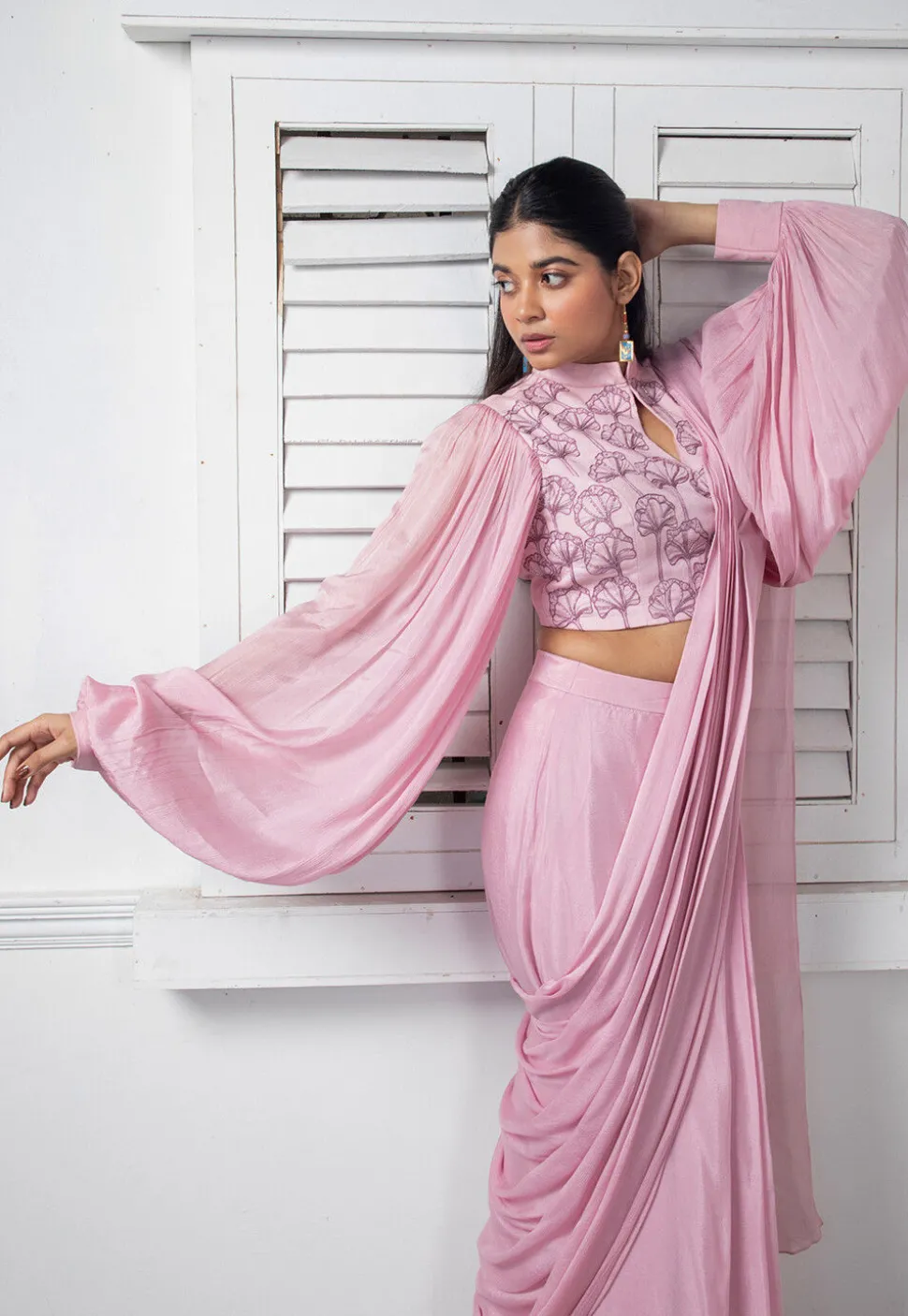 Pre Stitched Pure Chinon Chiffon Saree in Pink
