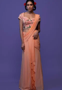 Pre Stitched Pure Georgette Saree in Peach