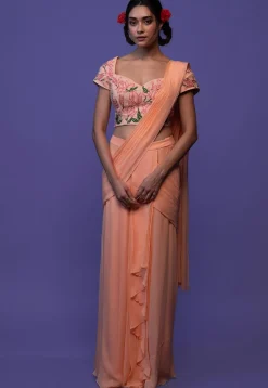 Pre Stitched Pure Georgette Saree in Peach