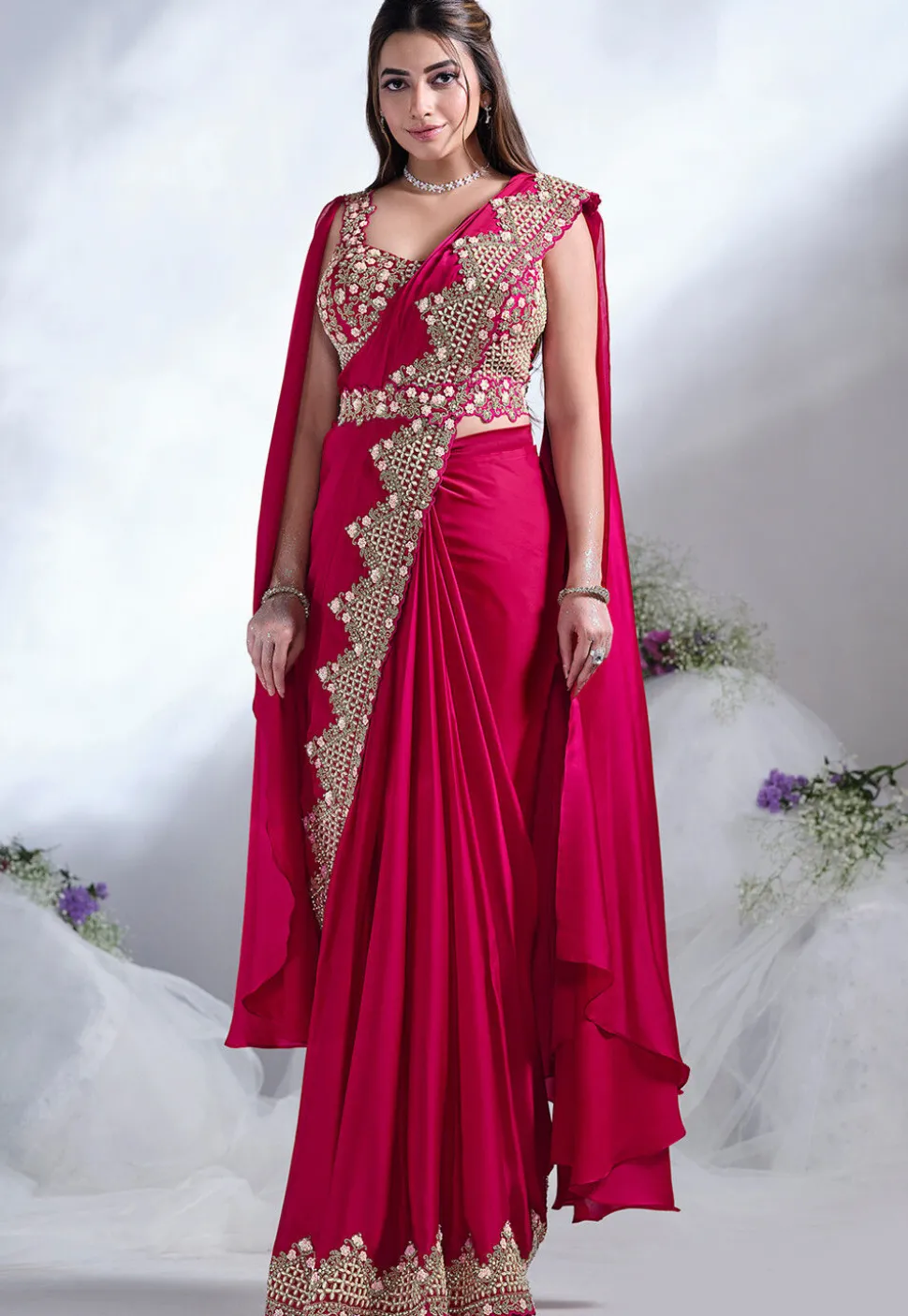 Pre Stitched Satin Crepe Saree in Red