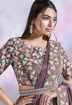 Pre Stitched Satin Crepe Saree in Purple