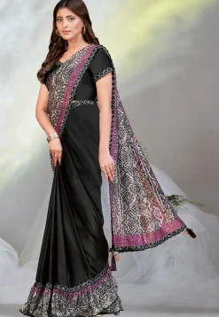Pre Stitched Satin Crepe Saree in Black