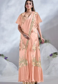 Pre Stitched Satin Crepe Saree in Peach