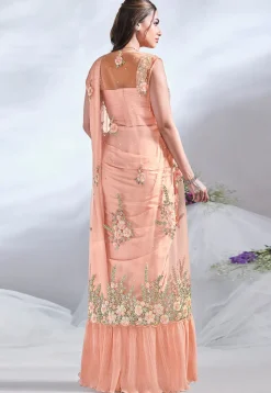 Pre Stitched Satin Crepe Saree in Peach