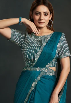 Pre Stitched Satin Crepe Saree in Teal Blue