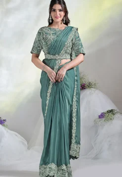 Pre Stitched Satin Crepe Saree in Sea Green
