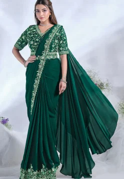 Pre Stitched Satin Crepe Saree in Green