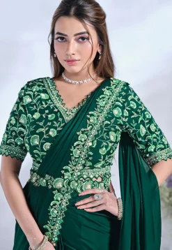 Pre Stitched Satin Crepe Saree in Green