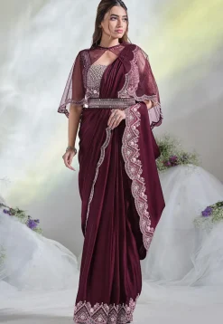 Pre Stitched Satin Crepe Saree in Wine
