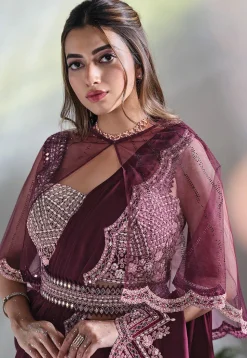 Pre Stitched Satin Crepe Saree in Wine