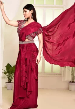 Pre Stitched Satin Georgette Hand Embroidered Saree in Fuchsia