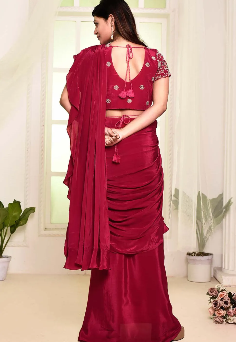 Pre Stitched Satin Georgette Hand Embroidered Saree in Fuchsia