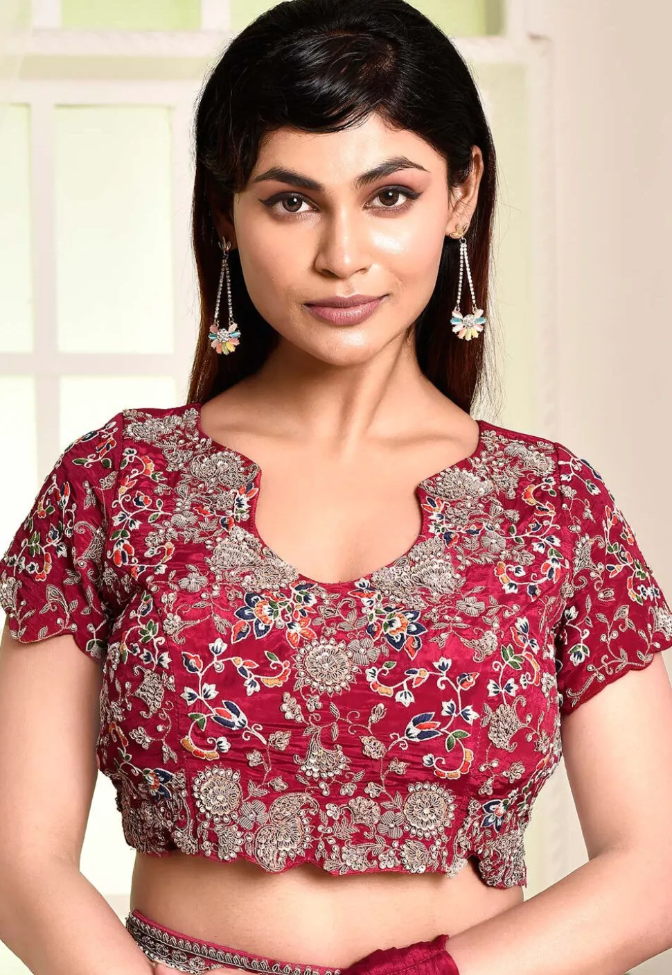 Pre Stitched Satin Georgette Hand Embroidered Saree in Fuchsia