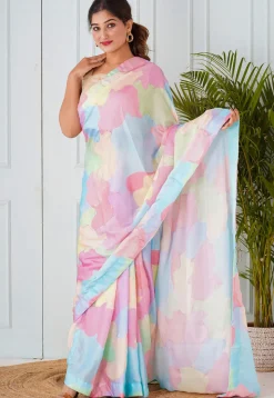 Pre Stitched Satin Georgette Saree in Multicolor