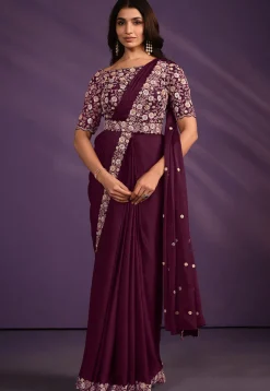 Pre Stitched Satin Saree in Wine
