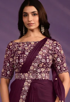 Pre Stitched Satin Saree in Wine
