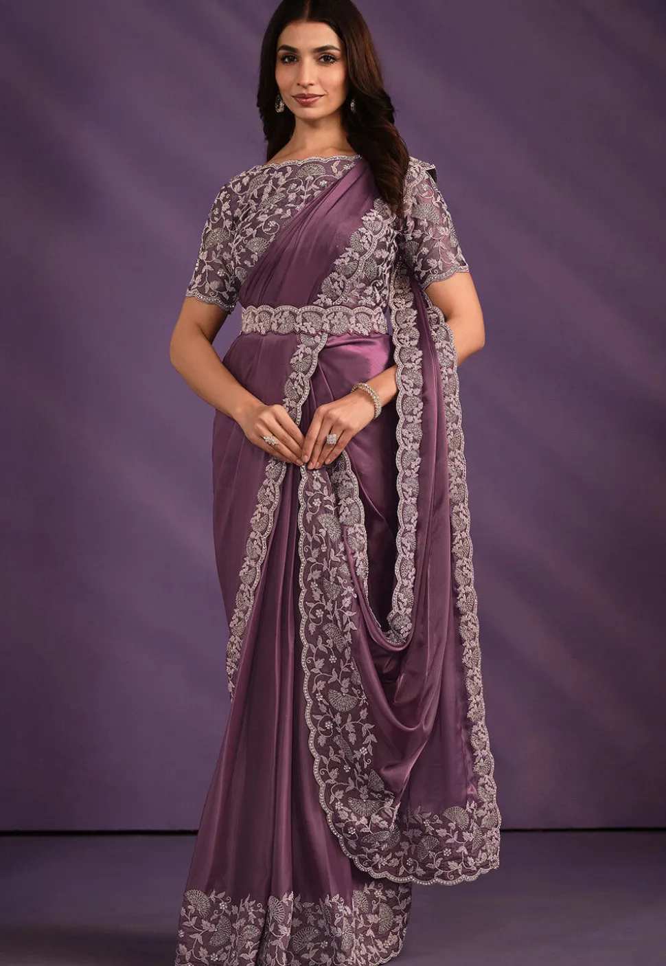 Pre Stitched Satin Saree in Purple